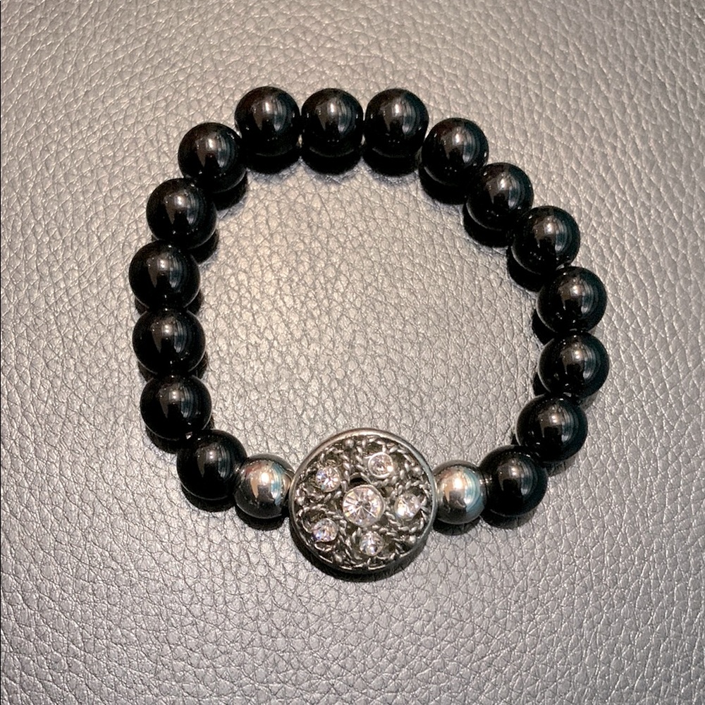 Elegant hand made stretchy Black Beaded Bracelet with Silver Accents #206